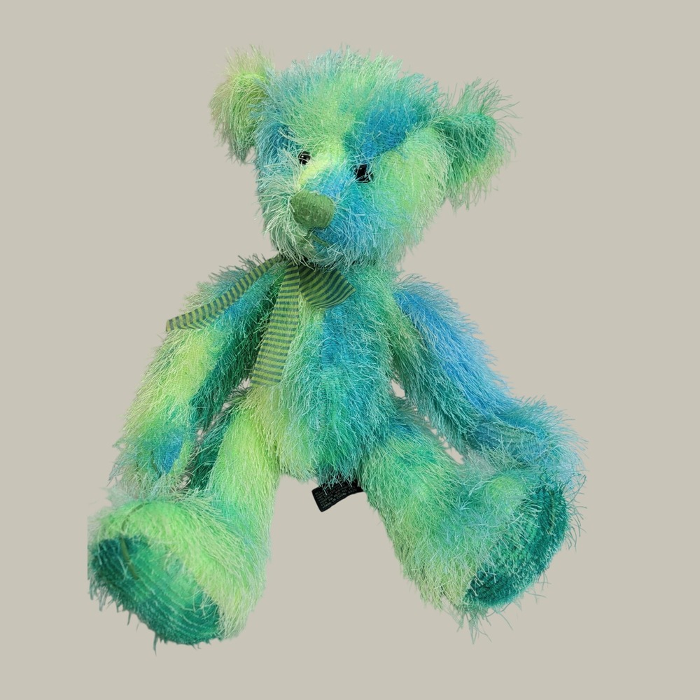 Russ Roland Teddy Bear Plush Eyelash Fuzzy Whimsical Blue Green Lime Stuffed Toy